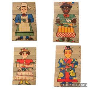 RARE Vintage French Wood 9 Piece 4 Nationalities Picture Puzzle